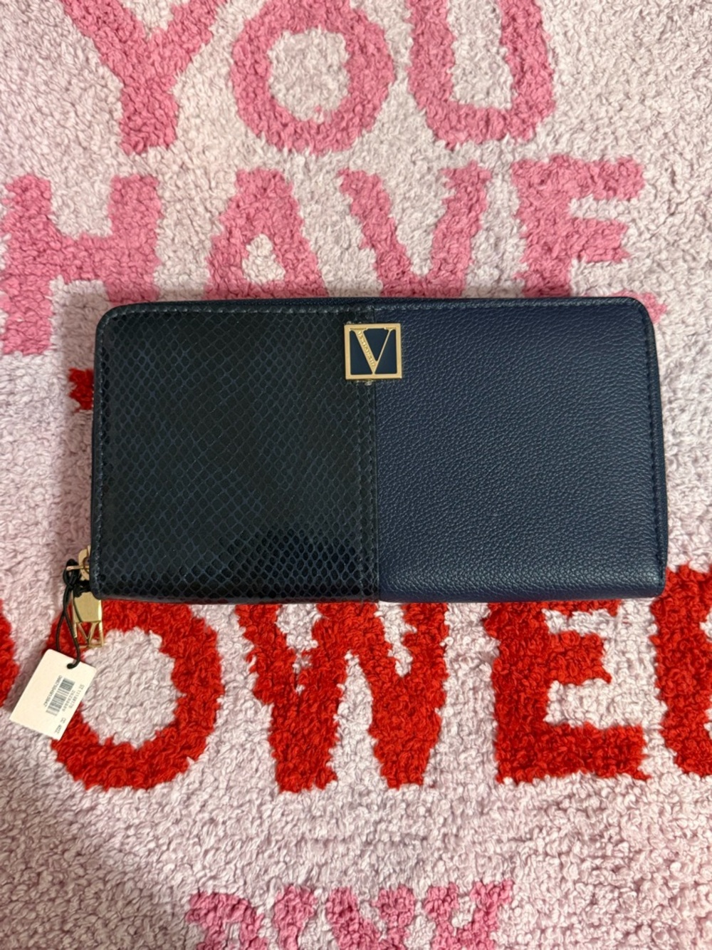 Victoria's Secret Two-Tone Black Zip Wallet with Gold V Logo